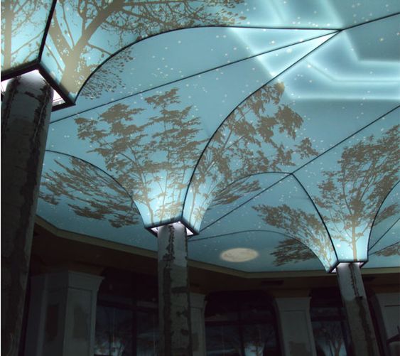 Image: Backlit forest top stretch fabric ceiling design.
