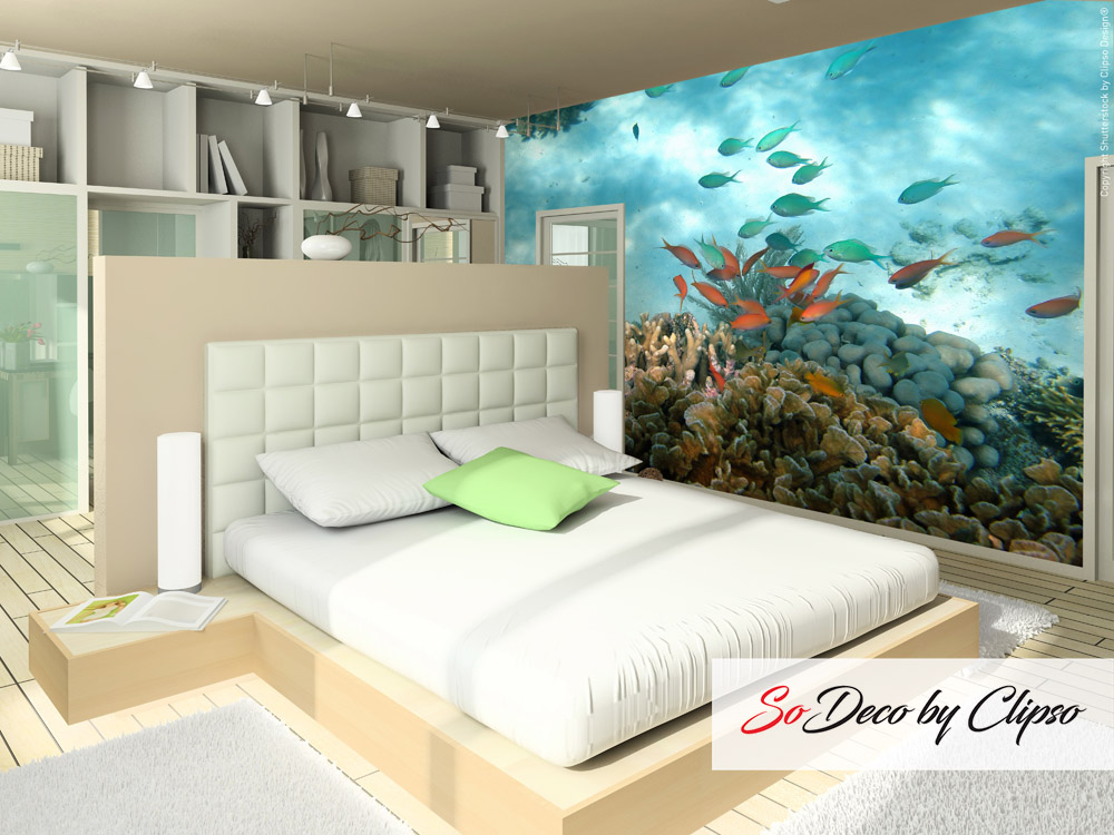 Clipso SO Deco stretch fabric system with a coral reef with fish wall design in a bedroom for statewide general contracting and construction