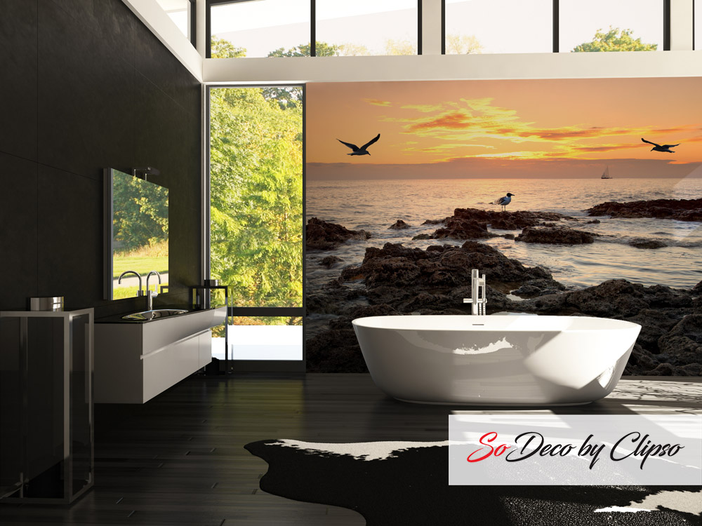 Clipso SO Deco stretch fabric system witha ocean shore sunset with birds flying wall design in a bathroom for statewide general contracting and construction