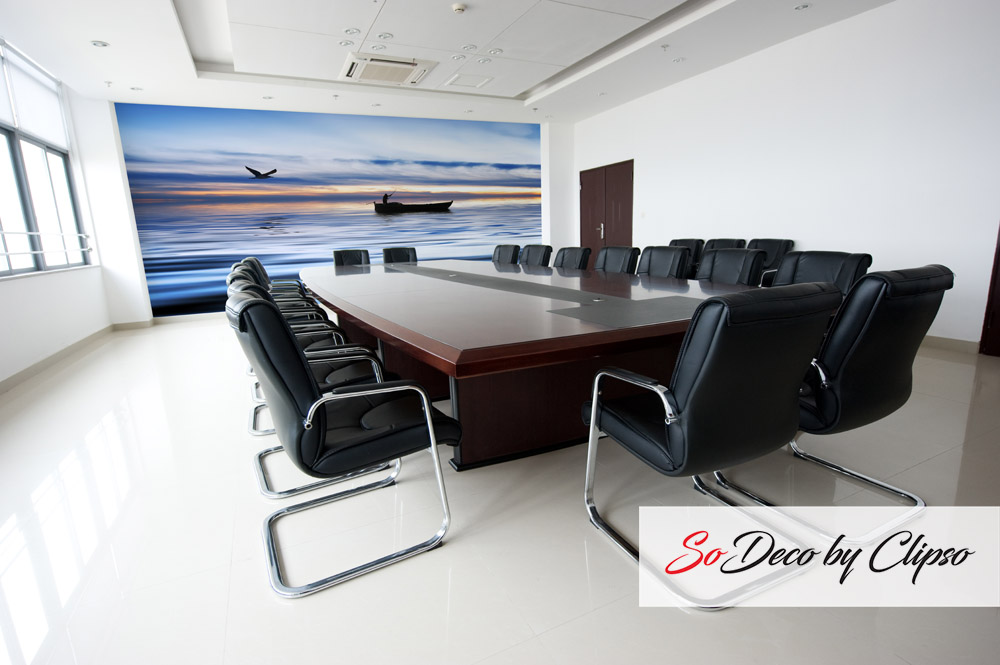 Clipso SO Deco stretch fabric system of a sunrise ocean view wall design in a conference room for statewide general contracting and construction